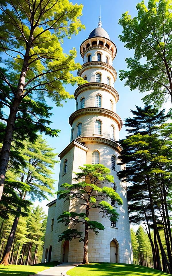 森に建つ白い立派な塔
